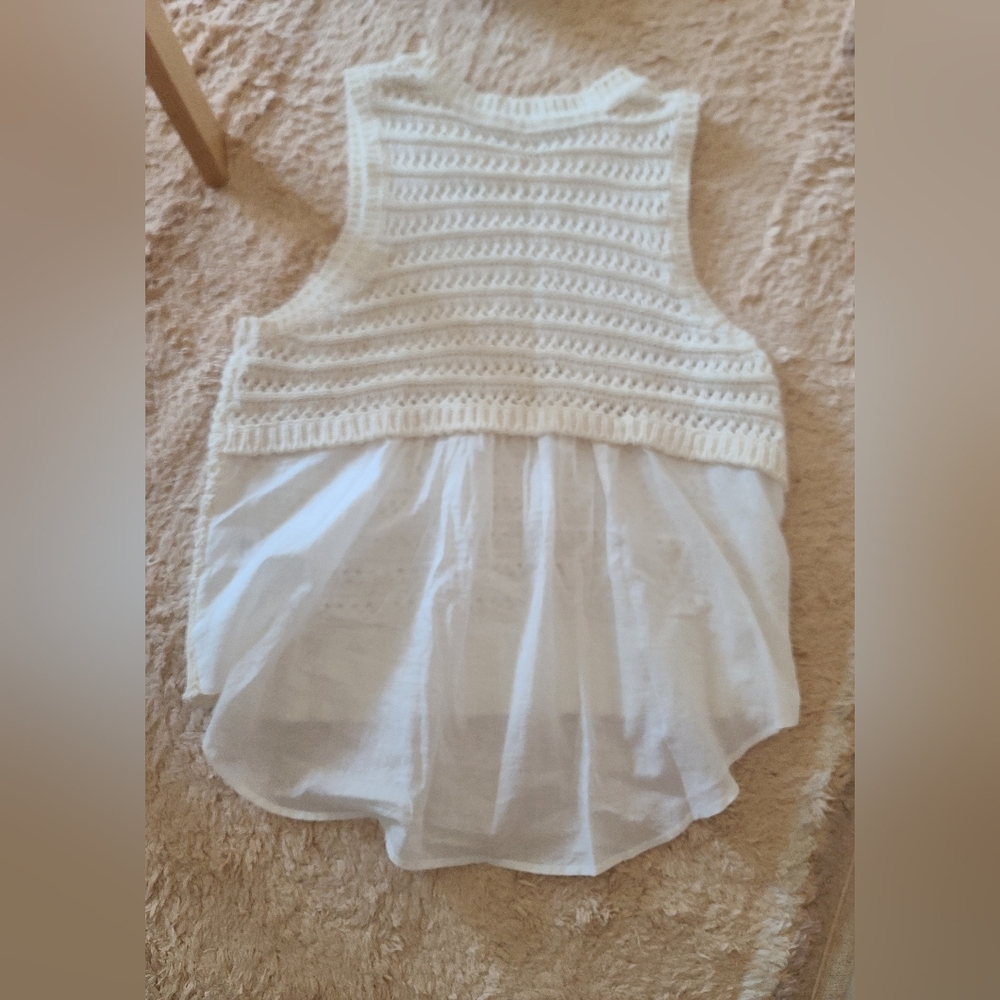 Veronica Beard Sleeveless Sweater Tank Mixed Media Top Shirt Tail Ivory Knit